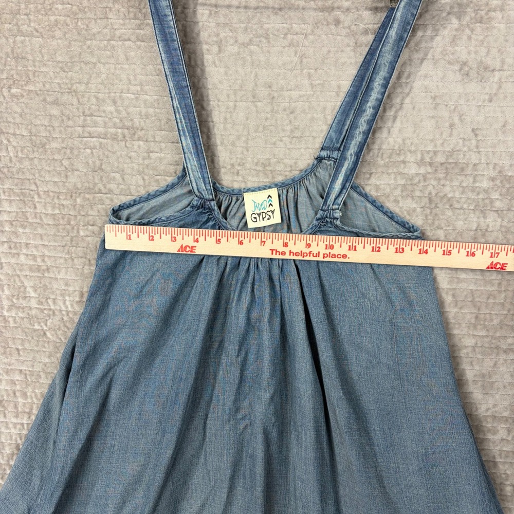 Jaded Gypsy Denim Tank Dress Blue Cotton Ruffle Hem Boho Mini S/M Made in USA - Picture 2 of 11